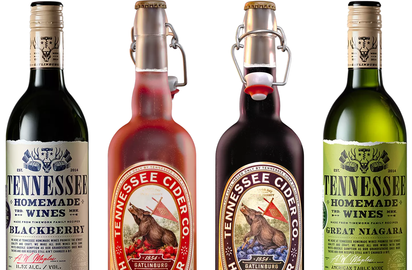 Tennessee Cider Co and Tennessee Homemade Wines bottles