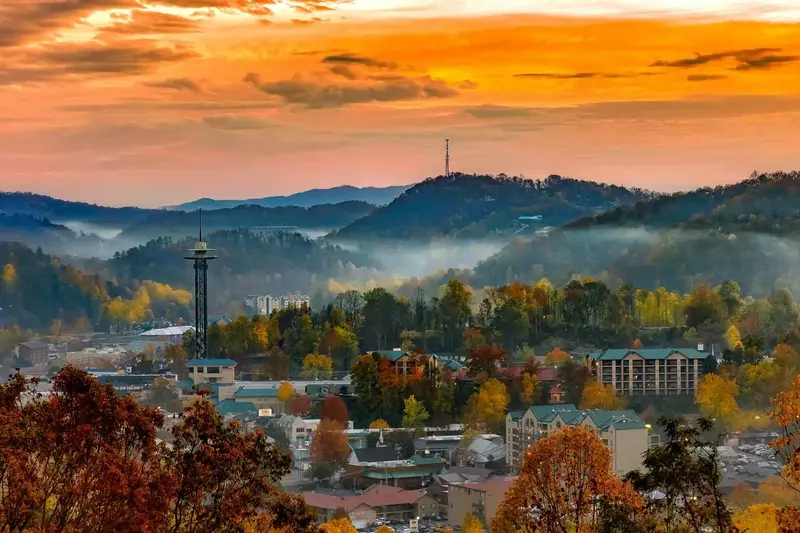 Aerial view of downtown Gatlinburg, Tennessee during the Fall.