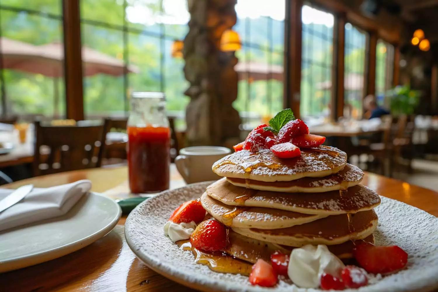 A pancake breakfast in downtown Gatlinburg, Tennessee.