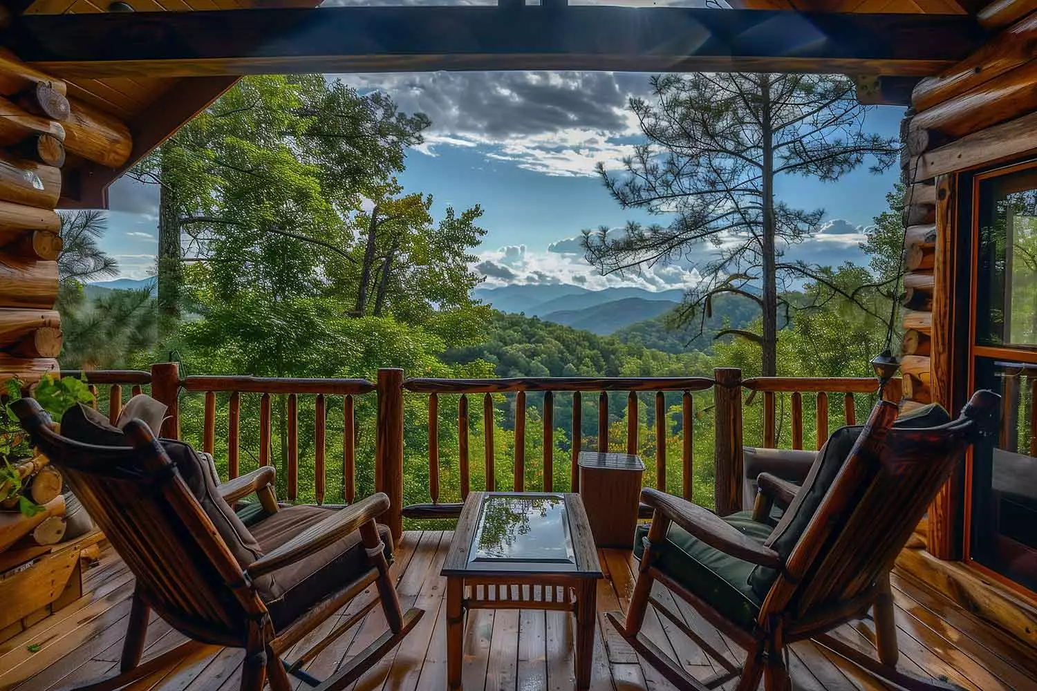 View of the Smoky Mountains from the porch of a cabin.
