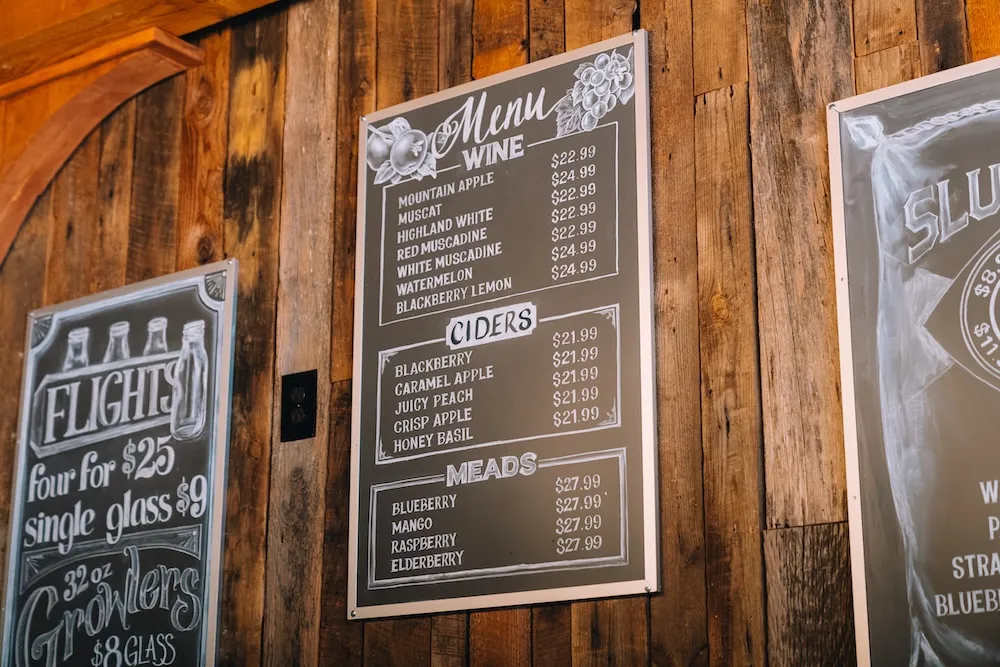 menu on the gatlinburg wine trail